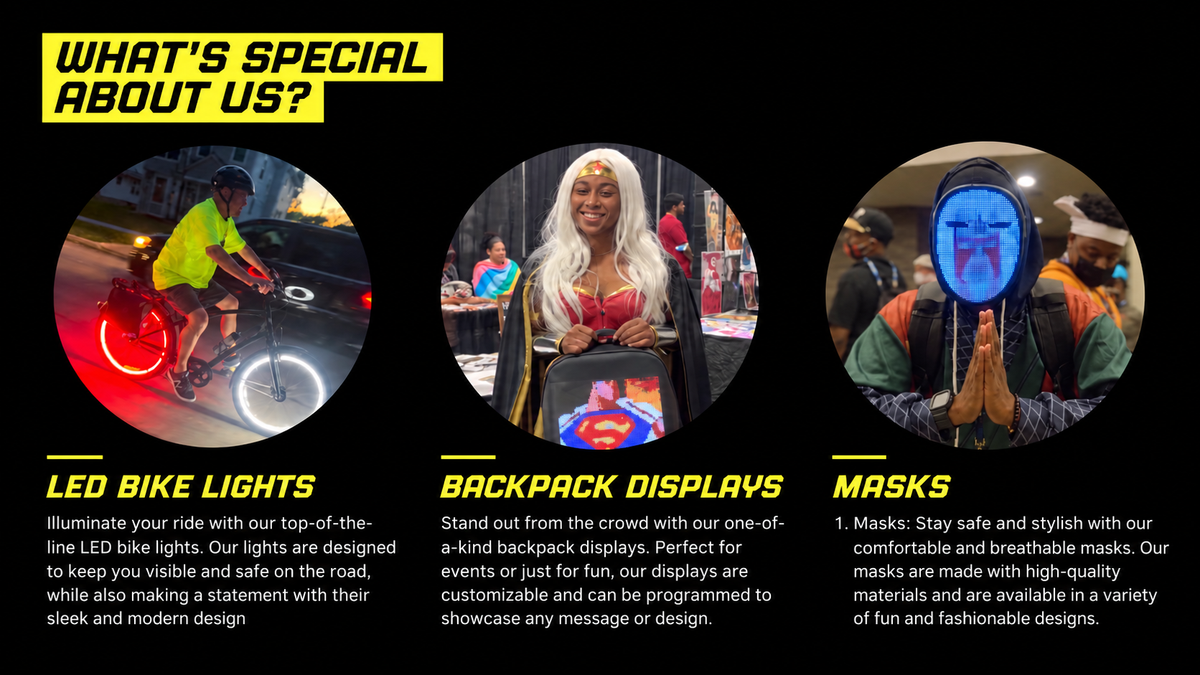 LED bike lights, backpack displays and masks